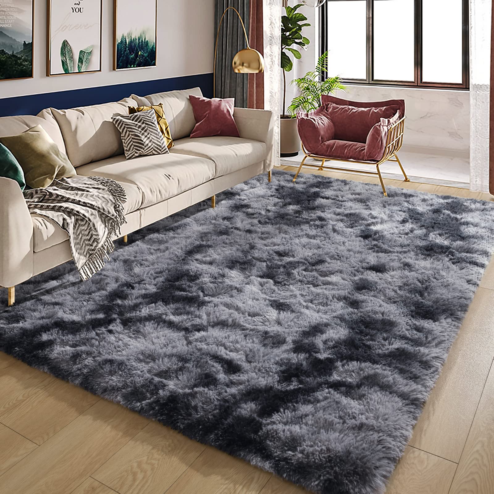 Grey Shag Plush Area Rug Soft High Pile 4x6 Carpet Non-Slip