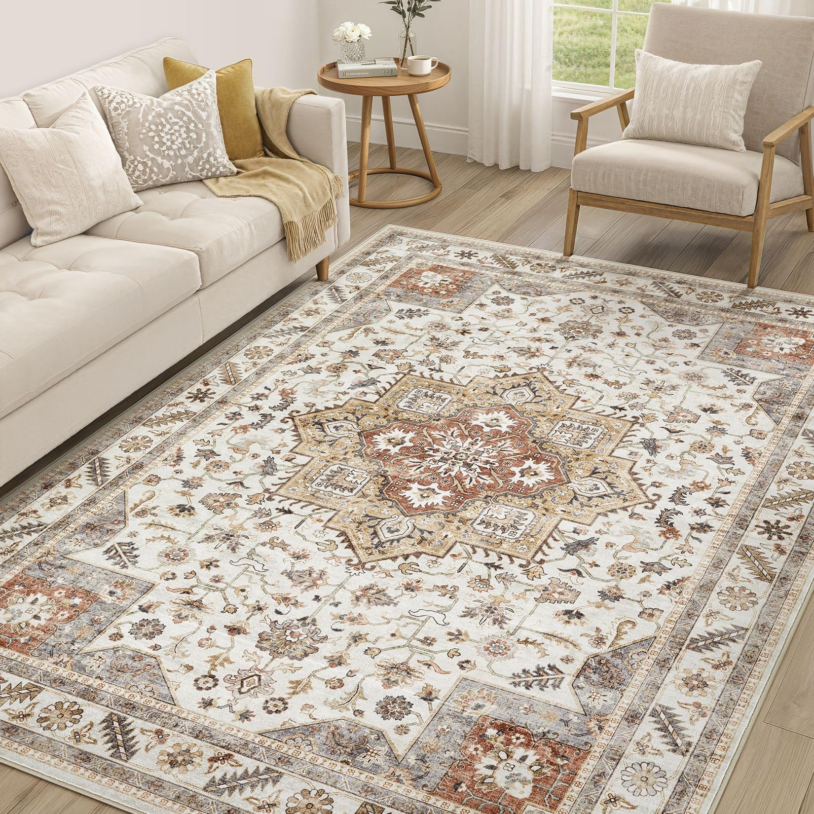 Traditional Vintage Design 5x7 Soft Washable Area Rug - Golden Taupe