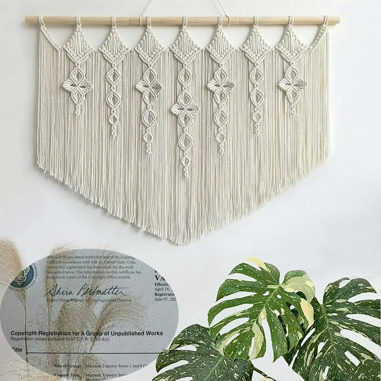 Boho Floral Macrame Tapestry With Wooden Rod Large Wall Art