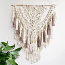 Handwoven Cotton Macrame Wall Hanging Tapestry Beige & Dusty Rose Decor
